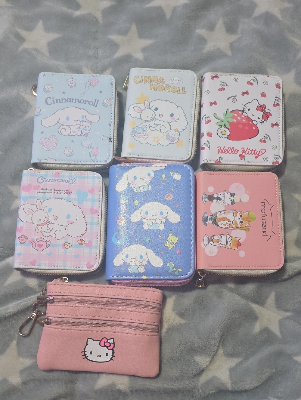 7 Sanrio Pastel Cinnamoroll, & Hello Kitty Zip Wallet Set - Pink, Blue, White